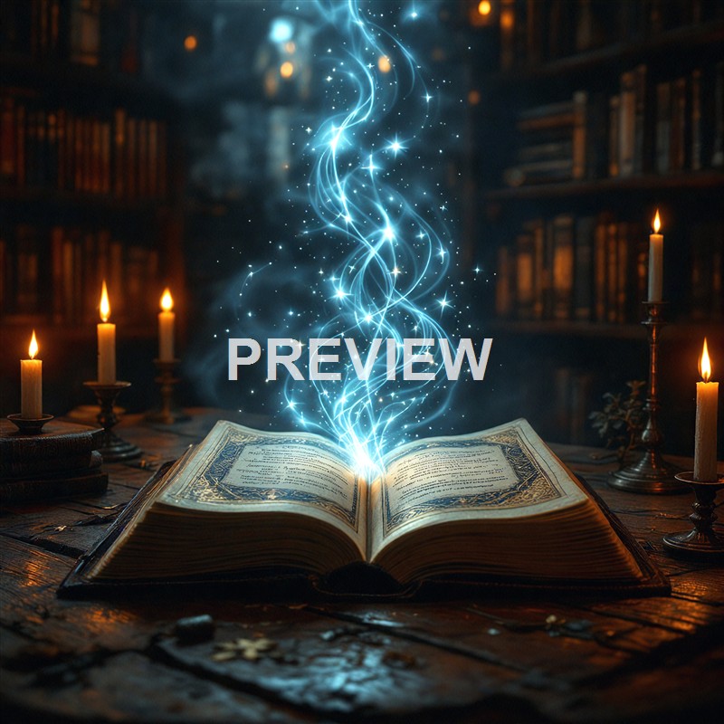 An open ancient-looking book resting on a wooden table in a dimly lit room with candles, from which glowing blue magical energy and sparkles are emanating, creating a mystical atmosphere.